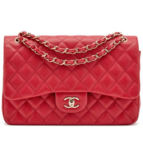 Chanel Red Quilted Caviar Jumbo Classic Double Flap Bag Pale .